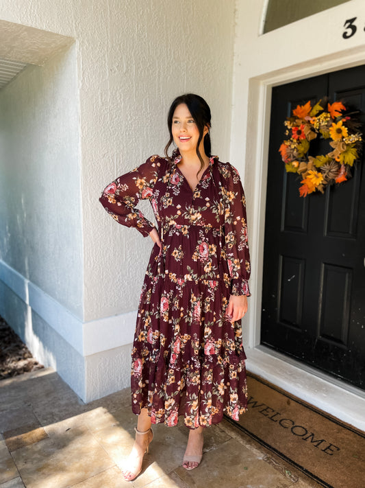 Floral Wine Tiered Maxi Dress